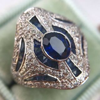 Sapphire Art Deco 1ct Oval Diamond Cocktail Engagement Ring 14k White Gold Over