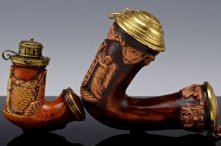 2 VERY LARGE ANTIQUE CARVED MEERSCHAUM WOOD STEM TOBACCO SMOKING PIPES 7