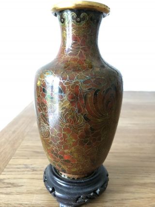 Vintage Chinese Cloisonne Vase With Wooden Stand