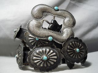 Extremely Old Vintage Navajo Hand Tooled Sterling Silver Turquoise Concho Belt