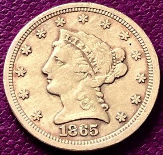 1865 S Quarter Eagle $2.  5 Gold Liberty Head Rare Date San Francisco 14190