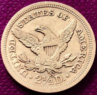 1865 S Quarter Eagle $2.  5 Gold Liberty Head Rare Date San Francisco 14190 2