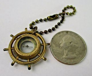 Vtg Nautical Ship Wheel Miniature Brass Compass Fob Chain Concealed Secret Wwii