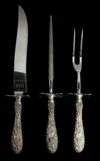 Rose By Stieff Sterling Silver 3 Piece Carving Set