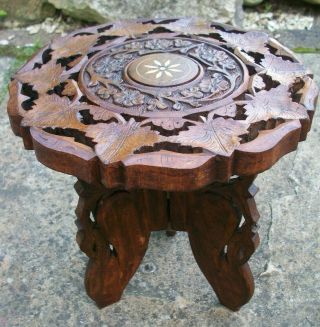 Vintage Anglo/indian Hand Carved,  Folding Wooden Side Table With Inlaid Top