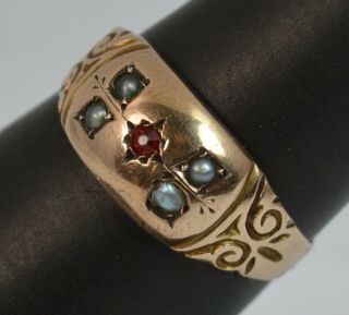 1899 Victorian 9ct Rose Gold Red Stone & Seed Pearl Gypsy Ring T0348