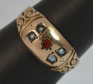 1899 Victorian 9ct Rose Gold Red Stone & Seed Pearl Gypsy Ring t0348 7
