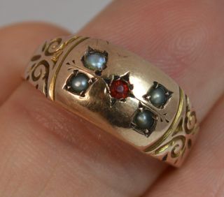1899 Victorian 9ct Rose Gold Red Stone & Seed Pearl Gypsy Ring t0348 8