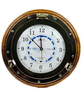 14 " Nautical Time Tide Clock On Premium Wooden Base Polished Brass Porthole | Ni