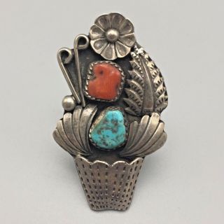 Vintage Turquoise & Coral Sterling Silver Ring -,  Signed