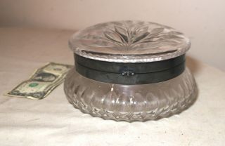 Huge Vintage Hand Cut Clear Crystal Silver - Plated Circular Lidded Box Jar Casket