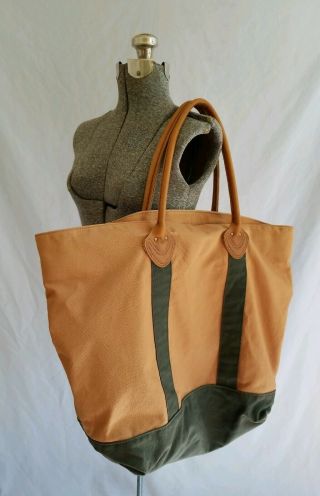 Vintage Ll Bean Khaki Tan Green Canvas Boat And Tote Bag With Leather Handles