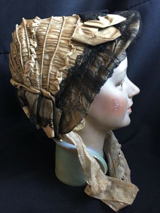 Antique 1860s Civil War Pleated Silk Dress Poke Bonnet Hat
