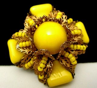 Rare Vintage 2 " Signed Miriam Haskell Goldtone Yellow Glass Maltese Cross Brooch
