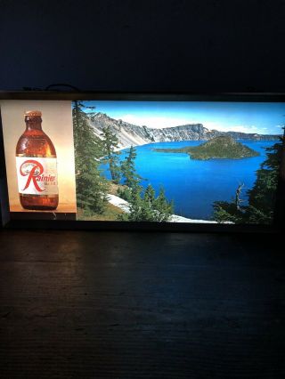 Vintage Rainier Beer Lighted Sign Crater Lake Scene Sick’s Brewing Back Bar 7
