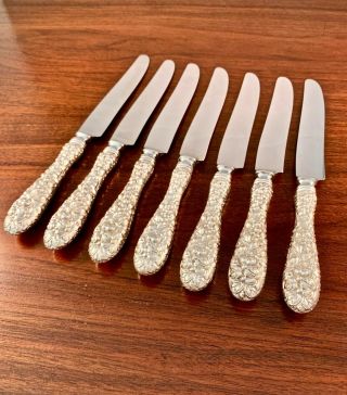 (7) Stieff Co.  Sterling Silver Repousse Dinner Knives: Rose,  No Monograms 9 1/2 "