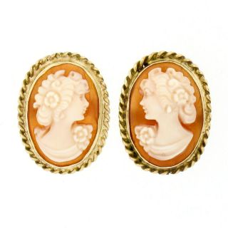 Antique 18k Yellow Gold Oval Carved Shell Cameo Twisted Wire Frame Stud Earrings