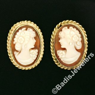 Antique 18K Yellow Gold Oval Carved Shell Cameo Twisted Wire Frame Stud Earrings 2