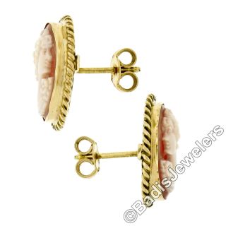 Antique 18K Yellow Gold Oval Carved Shell Cameo Twisted Wire Frame Stud Earrings 3