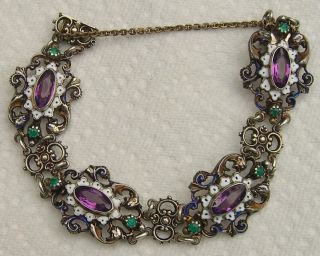 Austria 935 Silver Enamel Amethyst Emerald Art Nouveau Bracelet Serpent Antique