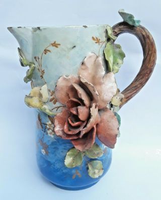 Antique French Barbotine Majolica Applied Flower Pitcher Edouard Gilles