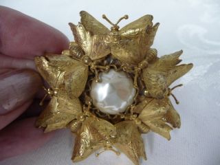 Vintage Miriam Haskell Pearl Brooch Surrounded By Butterflies,  Signed