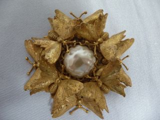 VINTAGE MIRIAM HASKELL PEARL BROOCH SURROUNDED BY BUTTERFLIES,  SIGNED 2