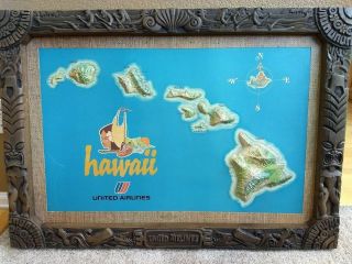 Vintage United Airlines Hawaii 3d Relief Map - Complete With Tiki Frame.