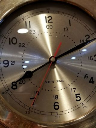 Vtg Nautical Ship ' s Time Brass Quartz Wall Clock Wood Wheel Large Dial 25 