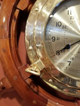 Vtg Nautical Ship ' s Time Brass Quartz Wall Clock Wood Wheel Large Dial 25 