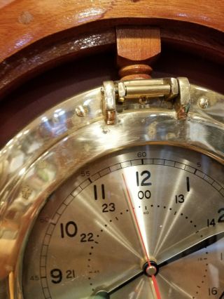 Vtg Nautical Ship ' s Time Brass Quartz Wall Clock Wood Wheel Large Dial 25 