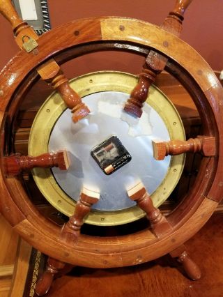 Vtg Nautical Ship ' s Time Brass Quartz Wall Clock Wood Wheel Large Dial 25 