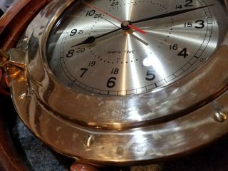 Vtg Nautical Ship ' s Time Brass Quartz Wall Clock Wood Wheel Large Dial 25 