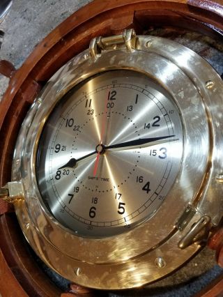 Vtg Nautical Ship ' s Time Brass Quartz Wall Clock Wood Wheel Large Dial 25 