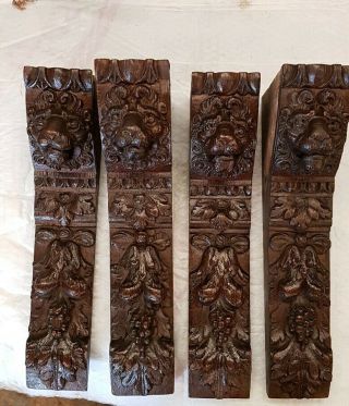 Set Of 4 Carved Oak Lionhead Corbels