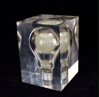 Vintage Lucite Pop Art Encased Glow In The Dark Light Bulb Paperweight