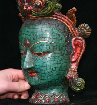 Rare Chinese Turquoise Red Coral Gem Tara Buddha Goddess Head Mask Mask Statue 10