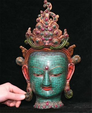 Rare Chinese Turquoise Red Coral Gem Tara Buddha Goddess Head Mask Mask Statue