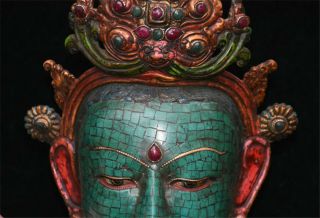Rare Chinese Turquoise Red Coral Gem Tara Buddha Goddess Head Mask Mask Statue 3