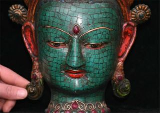 Rare Chinese Turquoise Red Coral Gem Tara Buddha Goddess Head Mask Mask Statue 4