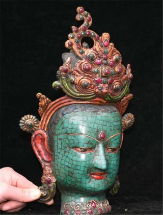 Rare Chinese Turquoise Red Coral Gem Tara Buddha Goddess Head Mask Mask Statue 5