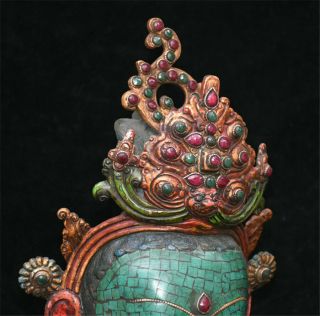 Rare Chinese Turquoise Red Coral Gem Tara Buddha Goddess Head Mask Mask Statue 6