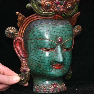Rare Chinese Turquoise Red Coral Gem Tara Buddha Goddess Head Mask Mask Statue 7