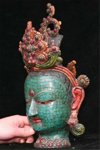 Rare Chinese Turquoise Red Coral Gem Tara Buddha Goddess Head Mask Mask Statue 8