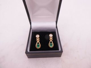 9ct Gold Diamond & Emerald Drop Earrings,  Boxed,  9k 375
