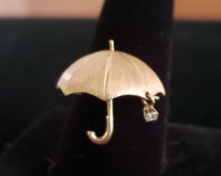 Vintage Mid Century 14k Yellow Gold 3d Under My Umbrella Diamond Raindrop Pin.