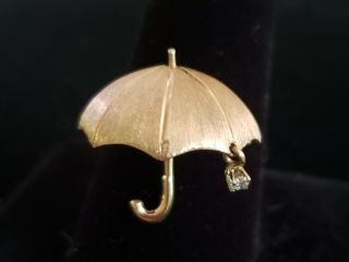 Vintage mid century 14k Yellow Gold 3D Under My Umbrella Diamond Raindrop Pin. 2