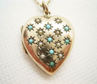 Antique Victorian 9ct Gold Cased Heart Locket.  Natural Turquoise & Seed Pearls