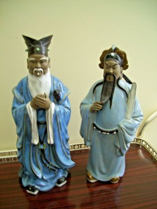 2 Large Vintage Mudmen Old Chinese Man Ceramic Figurine Statue