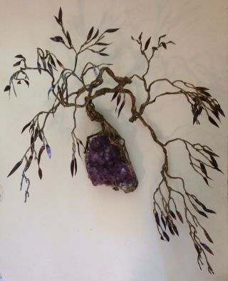 Vintage Metal Willow Tree Wall Art Sculpture With Amethyst Crystal Cluster Base